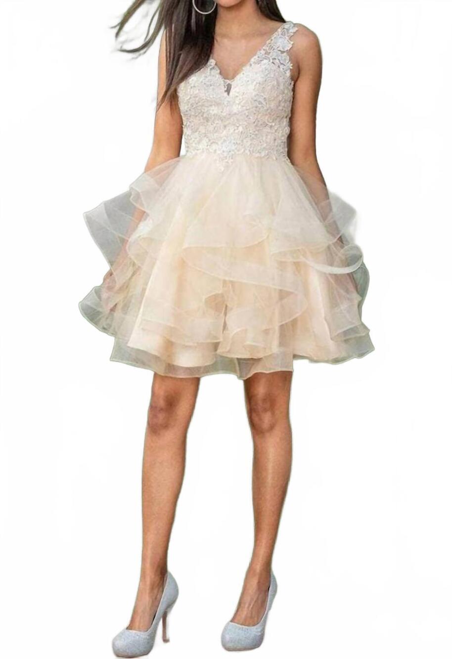 NEW DANCING QUEEN lace v-neck ruffled cocktail dress in champagne